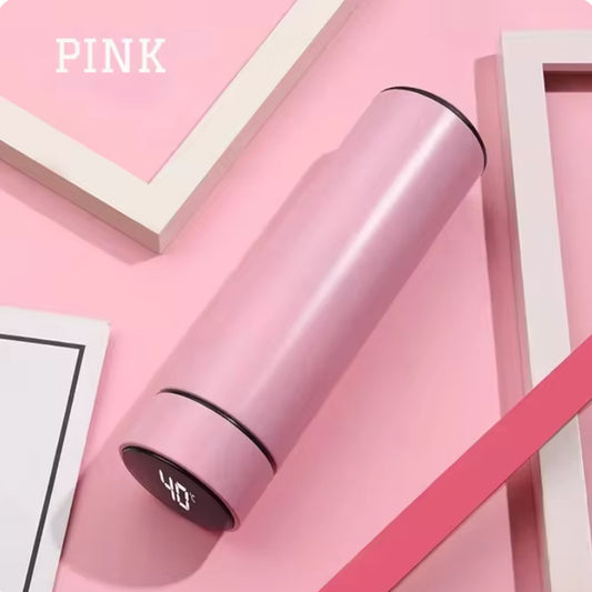 Pink 500ml Stainless Steel Thermos Bottle with Digital Temperature Display